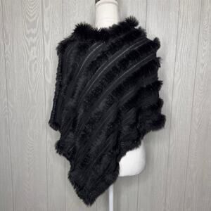 bdba black rabbit fur poncho shrug‎